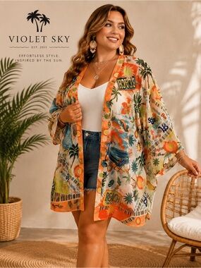 Violet Sky Tropical Beach Kimono Cover Up 1X Palm Tree Resort Euro Summer B6